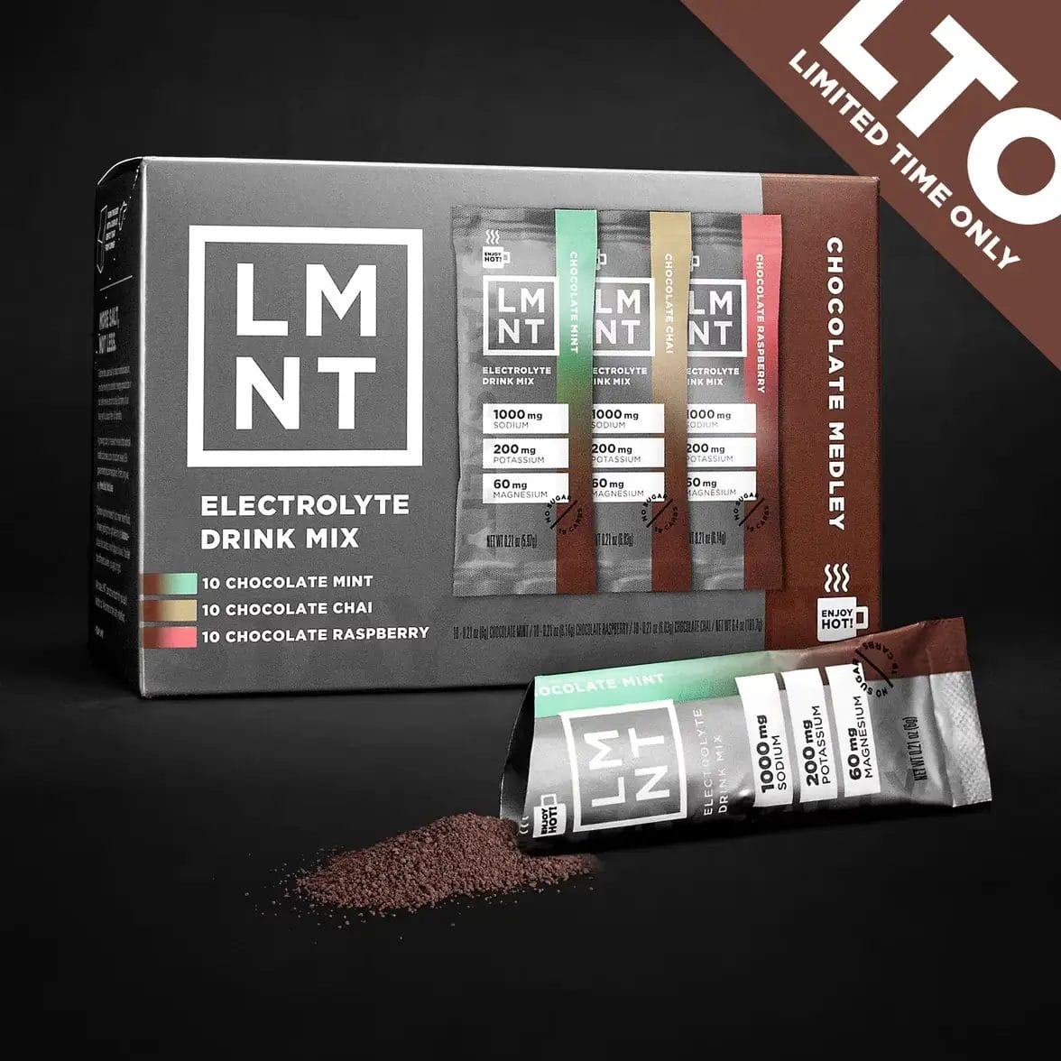LMNT Electrolyte Drink Mix in Chocolate Mint flavor with sodium, potassium, and magnesium