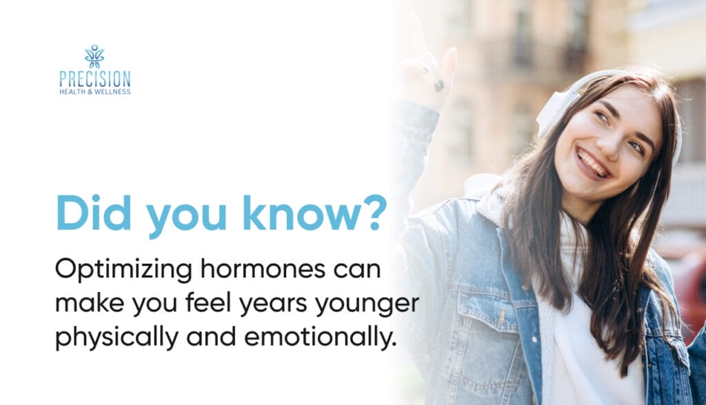 Young woman smiling with headphones alongside text highlighting how hormone optimization improves physical and emotional health.