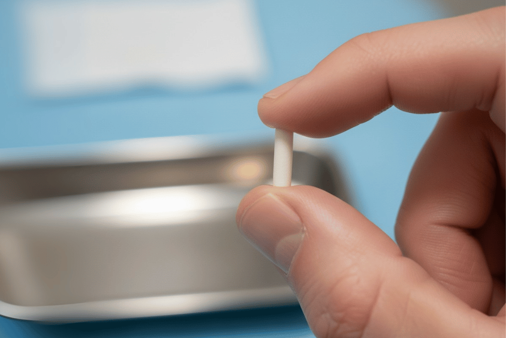 Hand holding a small hormone pellet between thumb and index finger